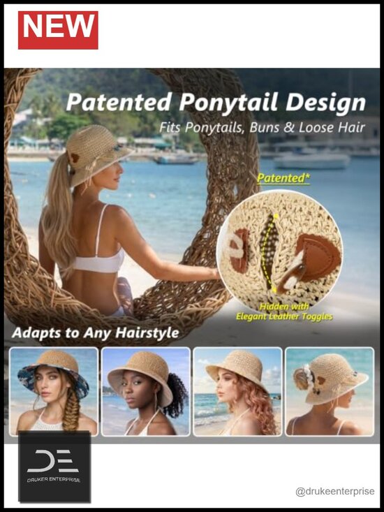 Straw Bucket Sun Hat with Cool Sweatband & Ponytail Opening UPF 80+ main image 5